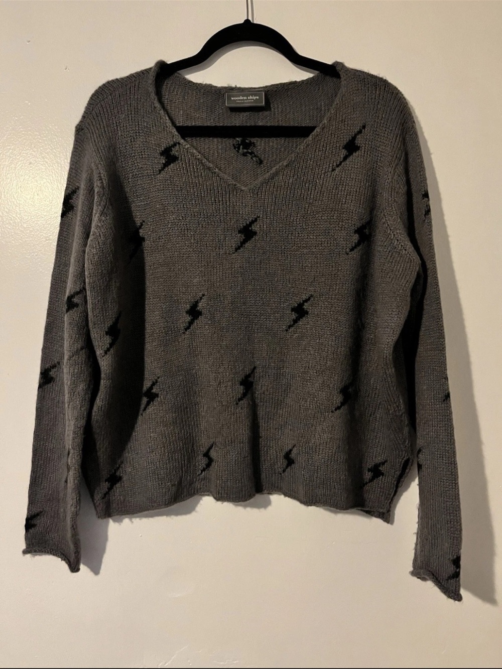 Wooden Ships Mohair Wool Blend Gray V-Neck Lightning Bolt Sweater